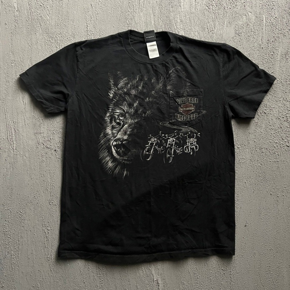 Vintage Harley Davidson Shirt XL Black 2000s‎ Wolf Biker Detroit Michigan Pocket